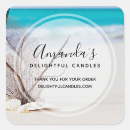 Pegatina Cuadrada Sandy Beach con el negocio de las casetas blancas