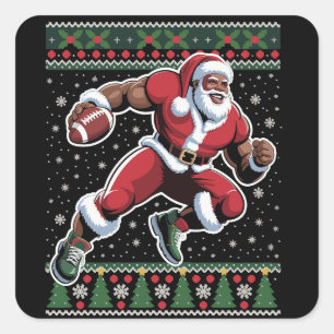Pegatina Cuadrada Santa afroamericano fútbol suéter feo de Navidad