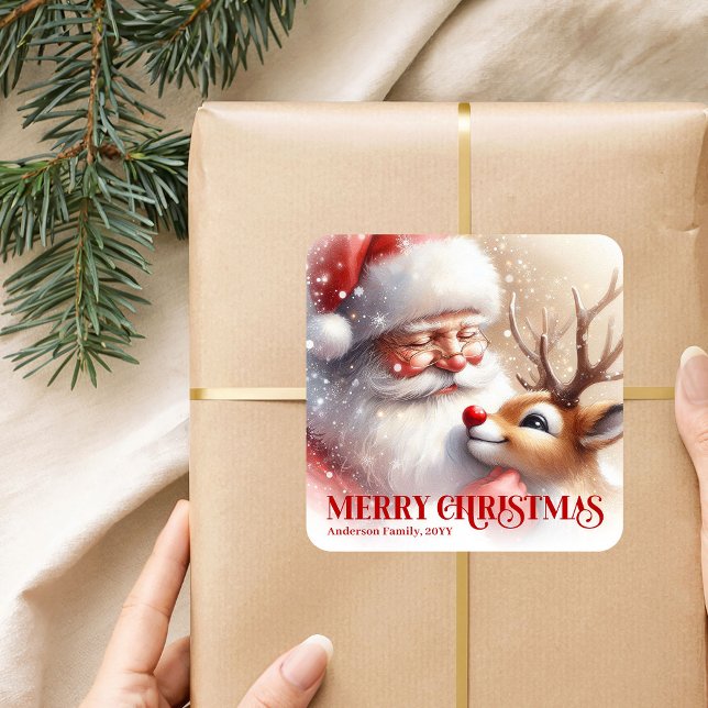 Pegatina Cuadrada Santa and Rudolph Personalized Kids Christmas Labe (Santa and Rudolph Personalized Kids Christmas Label)