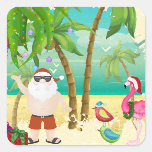 Pegatina Cuadrada Santa, Aves Tropicales, Navidades de Playa de Palm