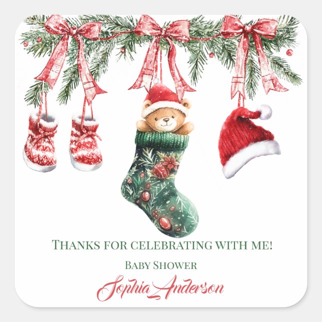 Pegatina Cuadrada Santa Baby Christmas Baby Shower (Anverso)