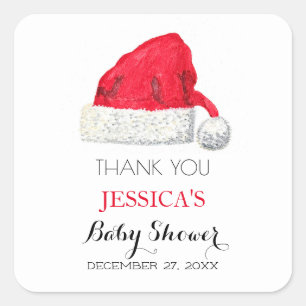 Pegatina Cuadrada Santa Baby Shower Red Cute simple Gracias