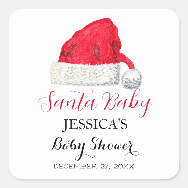 Pegatina Cuadrada Santa Baby Shower Red Cute simple Gracias (Anverso)