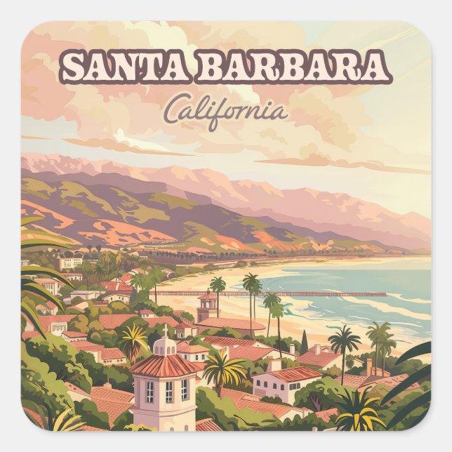 Pegatina Cuadrada Santa Barbara Beach Central Coast California Retro (Anverso)