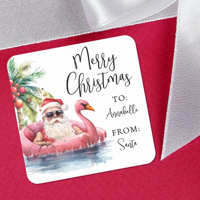 Pegatina Cuadrada Santa Beach Christmas Gift Tag Sticker (Santa Beach Christmas Gift Tag Sticker)