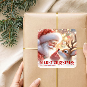 Pegatina Cuadrada Santa Brillante Rudolph Navidad Personalizada