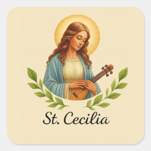 Pegatina Cuadrada Santa Cecilia Católica Santa con Halo y Verde