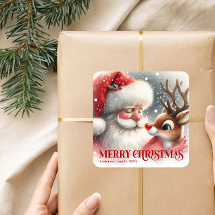 Pegatina Cuadrada Santa Clásico Rudolph Personalizados Navidad Niños