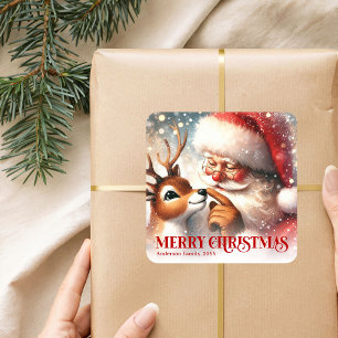 Pegatina Cuadrada Santa Claus Adorable Rudolph Navidad Personalizada