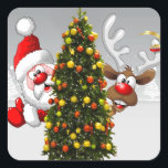 Pegatina Cuadrada Santa claus and reindeer behind a christmas tree.j<br><div class="desc">christmas santa claus reindeer, 
frozen friends colorful funny , 
vintage magic snowflake art, 
2020 happy new year, 
joy gift snow flying, 
year new celebration deer, 
happy xmas winter holiday, 
bell merry cartoon illustration, 
fun animal party cute, 
reindeer christmas santa claus , </div>