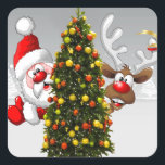 Pegatina Cuadrada Santa claus and reindeer behind a christmas tree.j<br><div class="desc">christmas santa claus reindeer, 
frozen friends colorful funny , 
vintage magic snowflake art, 
2020 happy new year, 
joy gift snow flying, 
year new celebration deer, 
happy xmas winter holiday, 
bell merry cartoon illustration, 
fun animal party cute, 
reindeer christmas santa claus , </div>
