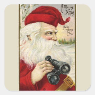 Pegatina Cuadrada Santa Claus Antiguo con Prismáticos