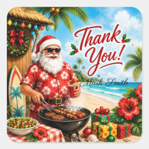 Pegatina Cuadrada Santa Claus Barbacoa de Navidad Playa Tropical