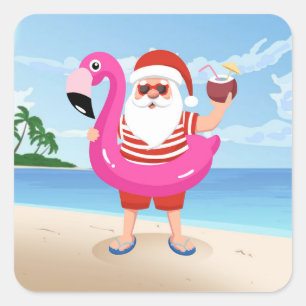 Pegatina Cuadrada Santa Claus con anillo inflable de flamingo