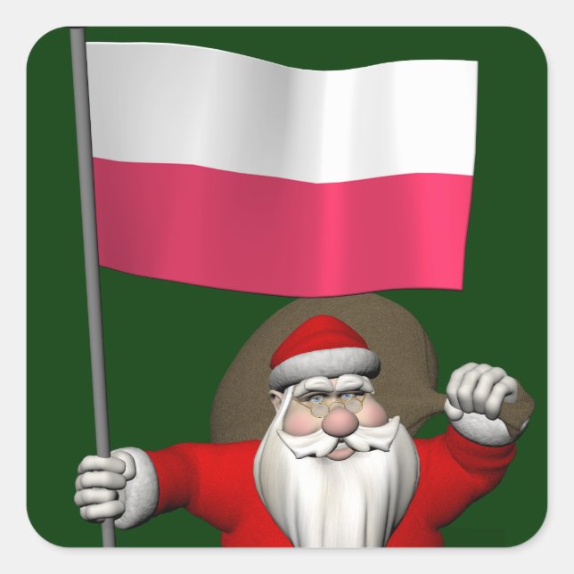 Pegatina Cuadrada Santa Claus Con Bandera De Polonia (Anverso)