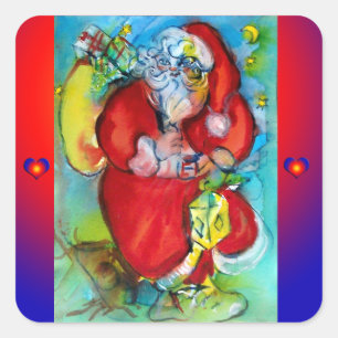 PEGATINA CUADRADA SANTA CLAUS CON FAROL EN LA NOCHE DE NAVIDAD