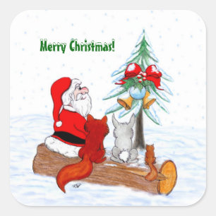 Pegatina Cuadrada Santa Claus con Fox de Conejo y Squirrel