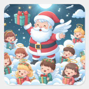Pegatina Cuadrada Santa Claus con niños