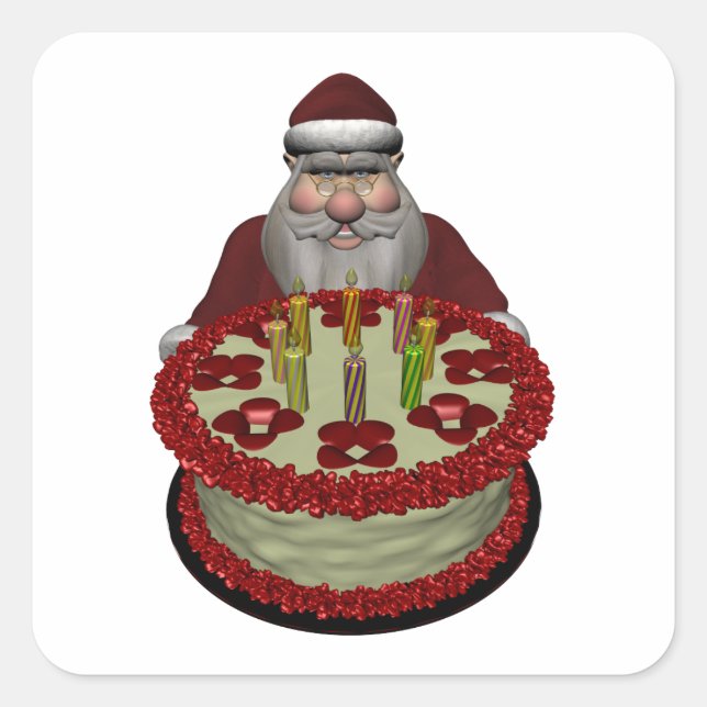 Pegatina Cuadrada Santa Claus con pastel de cumpleaños (Anverso)