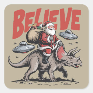Pegatina Cuadrada Santa Claus Cree Dinosaur Navidad Triceratops