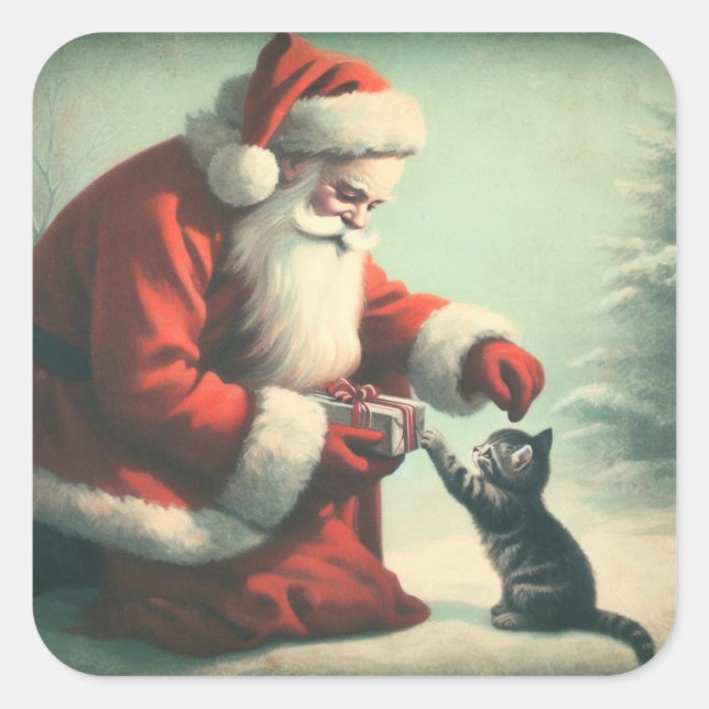 Pegatina Cuadrada Santa Claus de época con gatitos (Anverso)