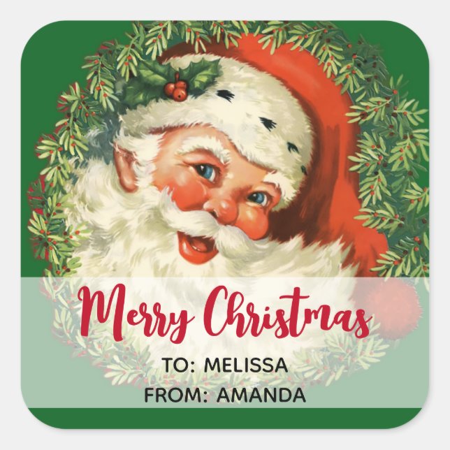 Pegatina Cuadrada Santa Claus de época con Navidades de guirnaldas d (Anverso)