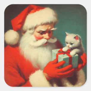 Pegatina Cuadrada Santa Claus de época con sabor retro a gatito
