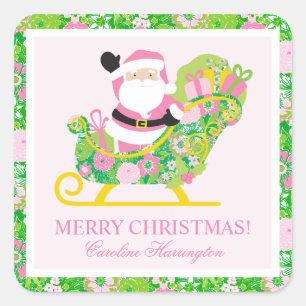 Pegatina Cuadrada Santa Claus de Palm Beach Preppy Rosa y Verde Encl