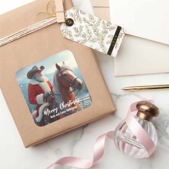 Pegatina Cuadrada Santa Claus del Oeste montando Navidades de caball (Regalar)