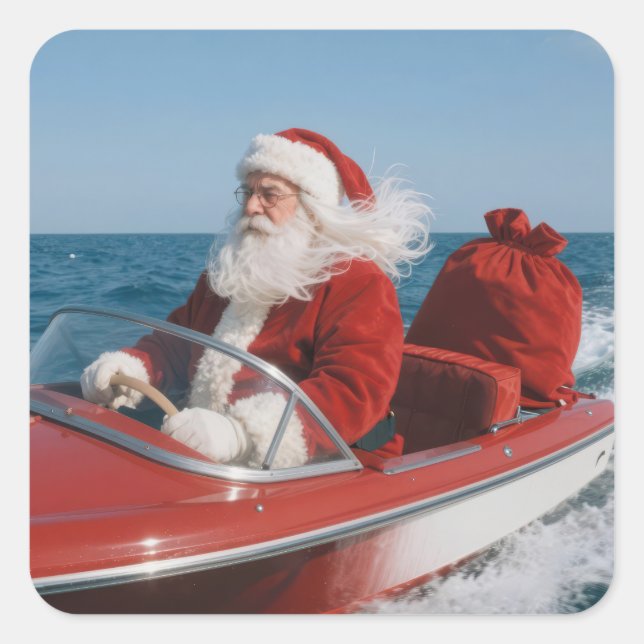 Pegatina Cuadrada Santa Claus Delivering Gifts By Speedboat (Anverso)