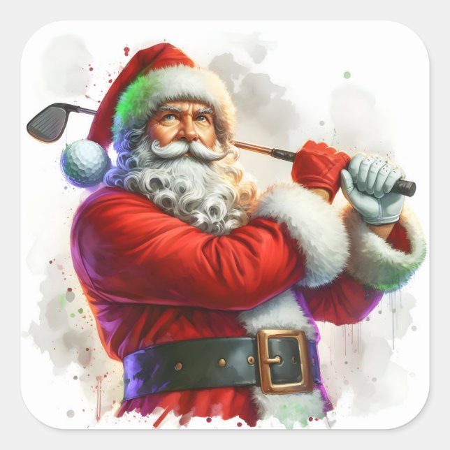Pegatina Cuadrada Santa Claus desquiciando un club de golf con atuen (Anverso)