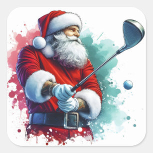 Pegatina Cuadrada Santa Claus disfruta de un juego de golf en invier