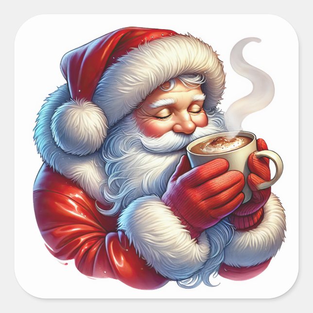 Pegatina Cuadrada Santa Claus disfruta de una bebida cálida en un dí (Anverso)