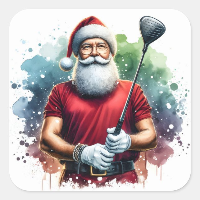 Pegatina Cuadrada Santa Claus disfruta de una ronda de golf al atard (Anverso)