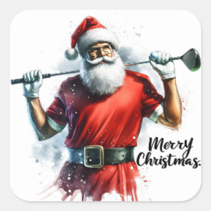Pegatina Cuadrada Santa Claus disfruta de una ronda de golf en invie