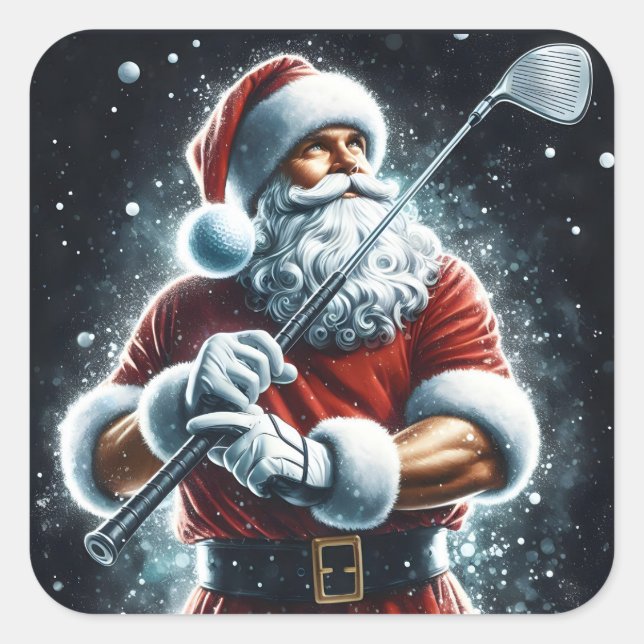 Pegatina Cuadrada Santa Claus disfruta del golf invernal mientras ca (Anverso)
