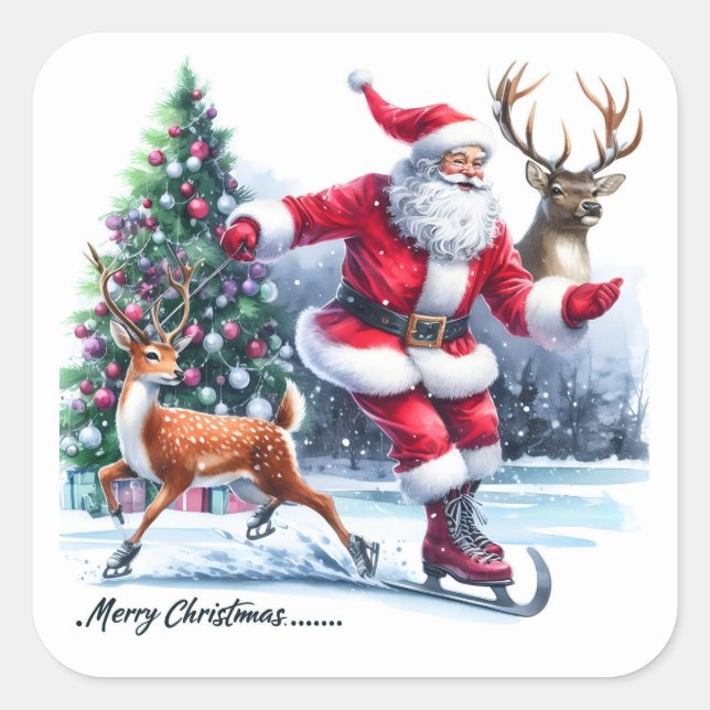 Pegatina Cuadrada Santa Claus disfruta del patinaje sobre hielo con  (Anverso)