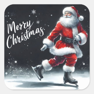 Pegatina Cuadrada Santa Claus disfruta del patinaje sobre hielo en i