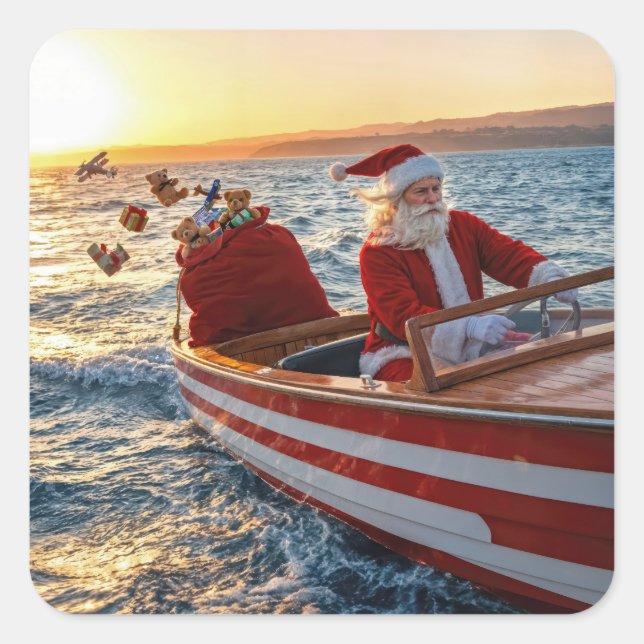 Pegatina Cuadrada Santa Claus Driving a Speedboat (Anverso)