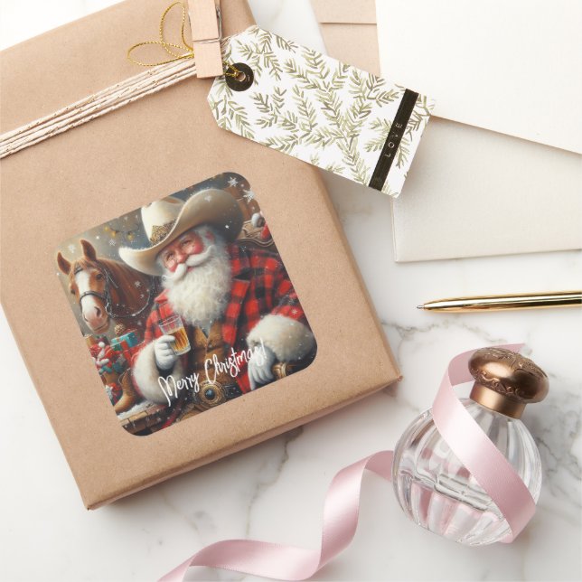 Pegatina Cuadrada Santa Claus en Navidades Gorras de Cowboy (Regalar)