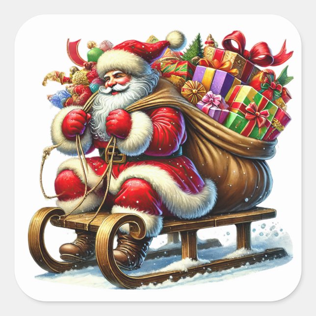 Pegatina Cuadrada Santa Claus entrega regalos en un Snowy Sleigh (Anverso)