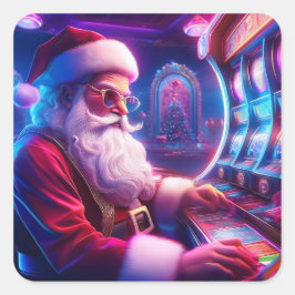 Pegatina Cuadrada Santa Claus Está Jugando Las Ranuras En El Casino