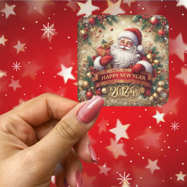 Pegatina Cuadrada Santa Claus Feliz Año Nuevo