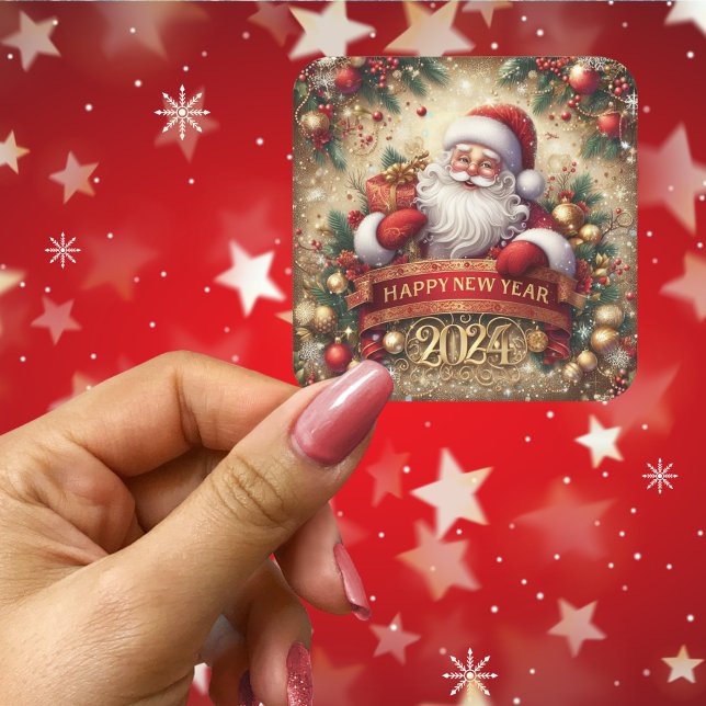 Pegatina Cuadrada Santa Claus Feliz Año Nuevo (Santa Claus Happy New Year Square Sticker)
