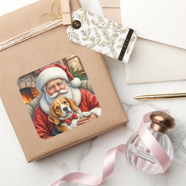 Pegatina Cuadrada Santa Claus Holding Beagle Christmas Art (Regalar)