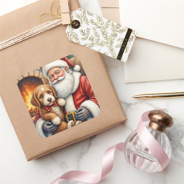 Pegatina Cuadrada Santa Claus Holding Bernedoodle Christmas Art (Regalar)