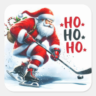 Pegatina Cuadrada Santa Claus juega al hockey en una pista de hielo
