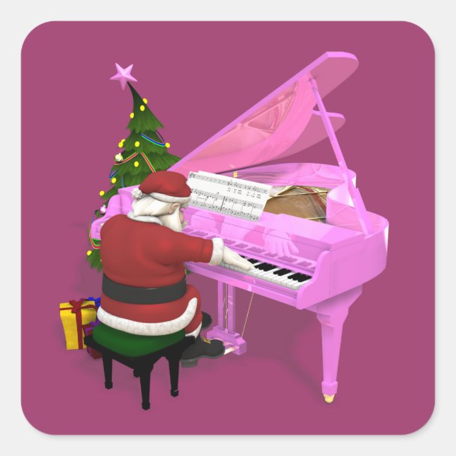 Pegatina Cuadrada Santa Claus juega al piano rosa (Anverso)