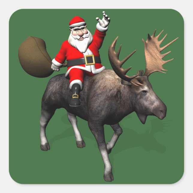 Pegatina Cuadrada Santa Claus Montando En Moose (Anverso)