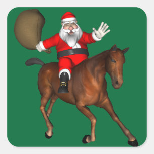 Pegatina Cuadrada Santa Claus montando un caballo marrón